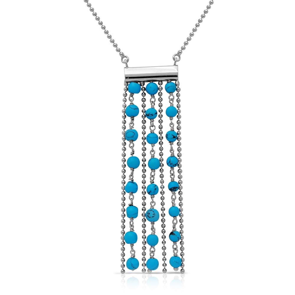 Rhodium Plated 925 Sterling Silver Bead Chain Necklace with Dropped Turquoise Beads - DIN00069RH-TQ