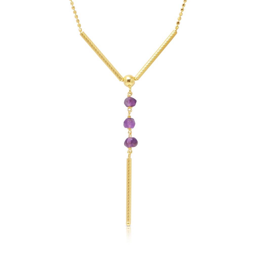 Gold Plated 925 Sterling Silver DC Bead Chain with Dangling Purple Beads - DIN00074GP-AM