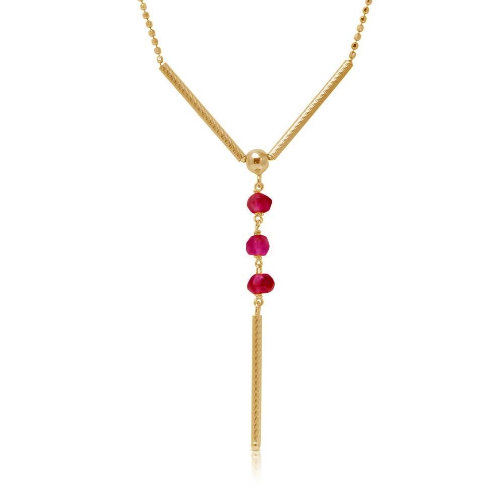 Gold Plated 925 Sterling Silver DC Bead Chain with Dangling Red Beads - DIN00074GP-GR