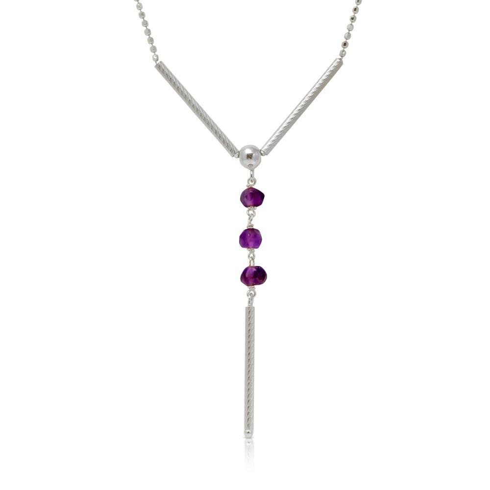 Rhodium Plated 925 Sterling Silver DC Bead Chain with Dangling Purple Beads - DIN00074RH-AM