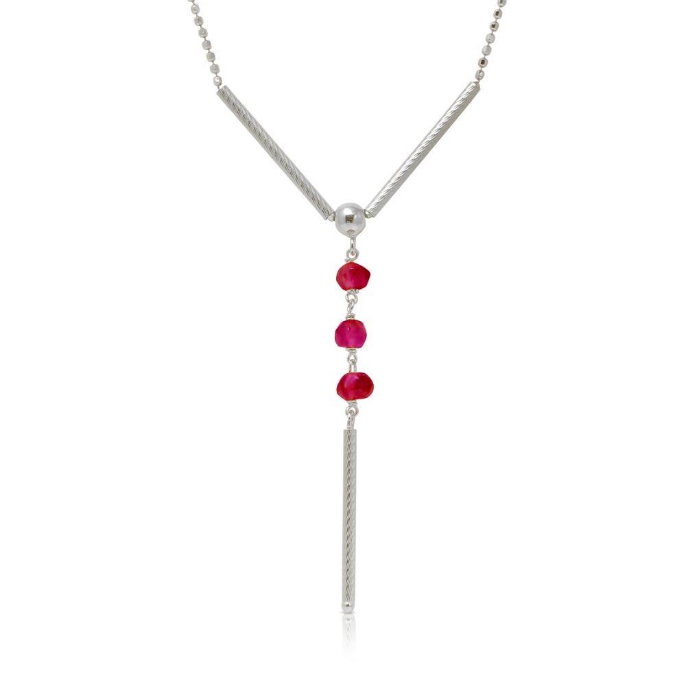 Rhodium Plated 925 Sterling Silver DC Bead Chain with Dangling Red Beads - DIN00074RH-GR