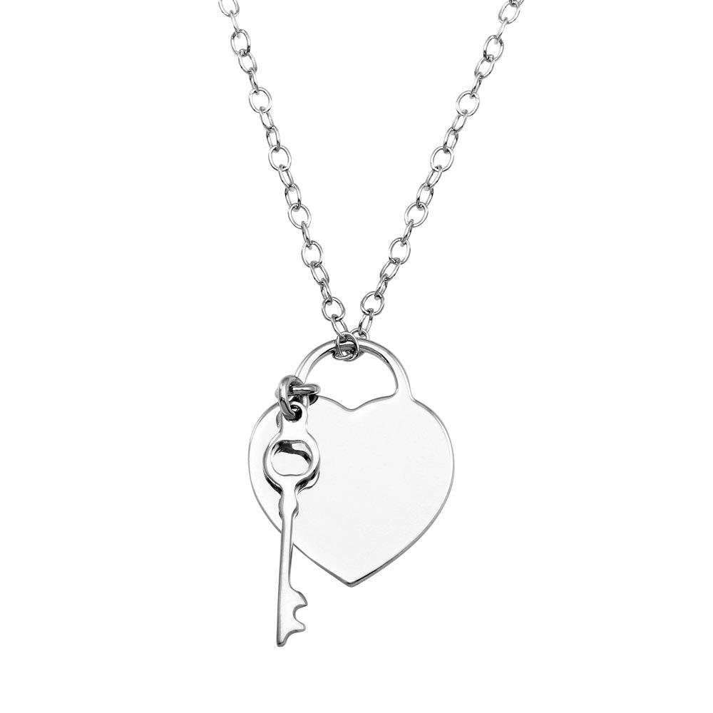Rhodium Plated 925 Sterling Silver Heart With Key - DIN00105RH