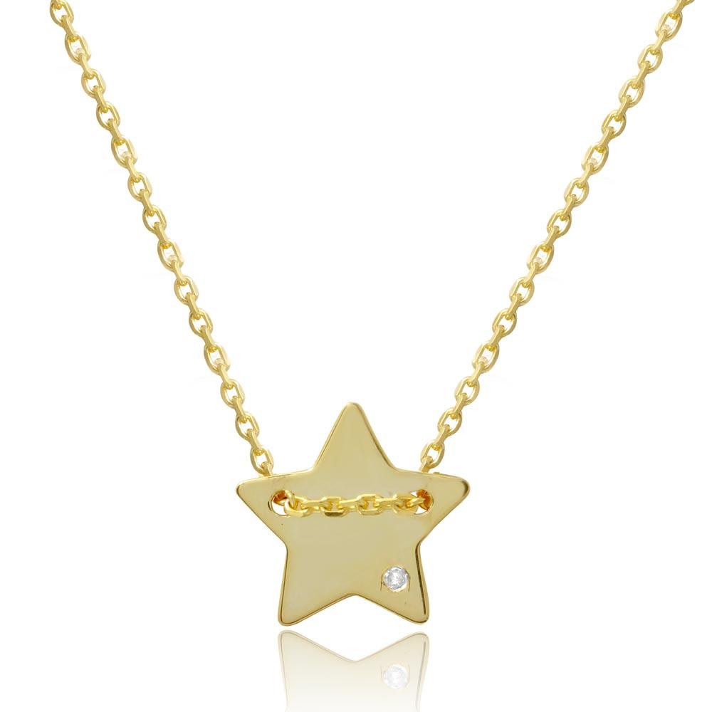 Gold Plated 925 Sterling Silver Engravable Star Shaped Necklace with CZ - DIN00079GP
