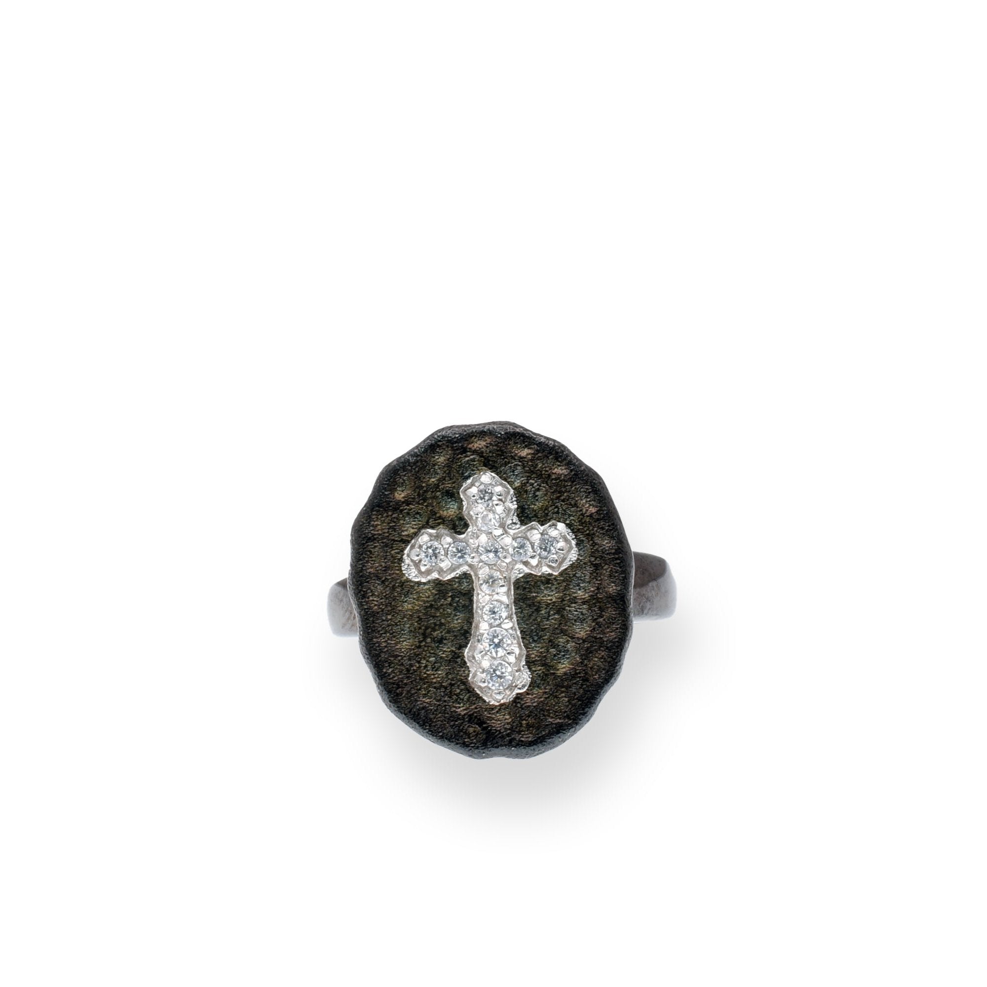 Silver 925 Black Rhodium Plated Clear CZ Cross Hammered Ring - STR00625BLK