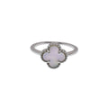 Rhodium Plated 925 Sterling Silver 10.1mm Four Leaf Clover Syntethic Pearl Enamel Clear CZ Ring - BGR01376WHT