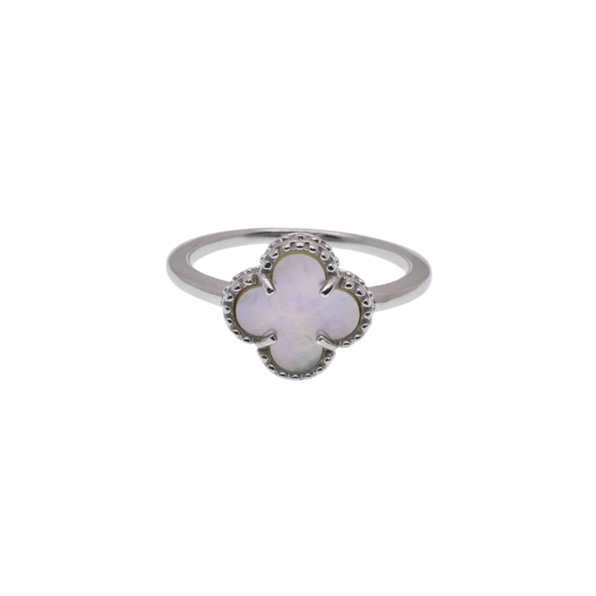 Rhodium Plated 925 Sterling Silver 10.1mm Four Leaf Clover Syntethic Pearl Enamel Clear CZ Ring - BGR01376WHT