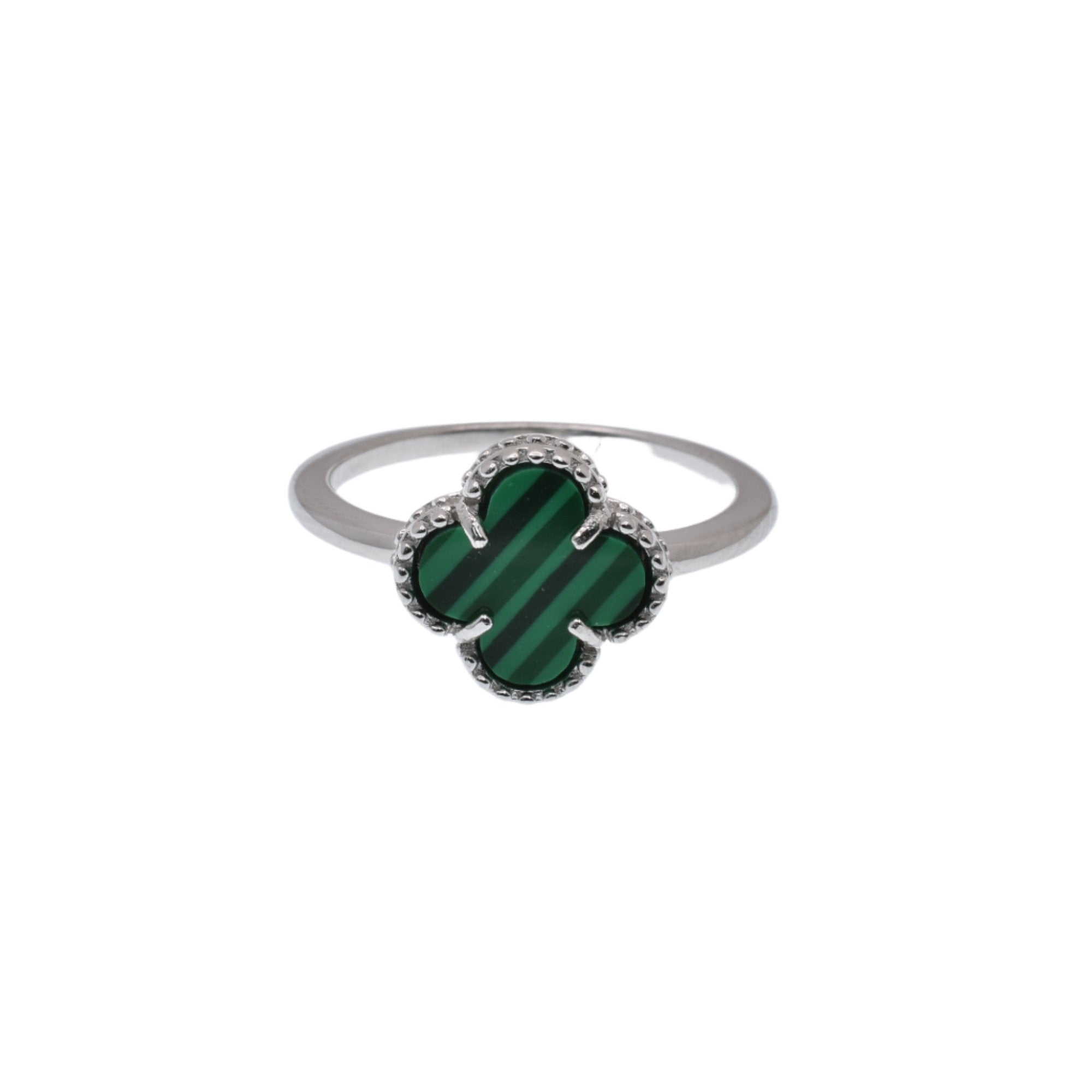 Rhodium Plated 925 Sterling Silver 10.1mm Four Leaf Clover Green and Black Stripe Enamel Clear CZ Ring - BGR01376GRN
