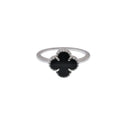Rhodium Plated 925 Sterling Silver 10.1mm Four Leaf Clover Black Enamel Clear CZ Ring - BGR01376BLK