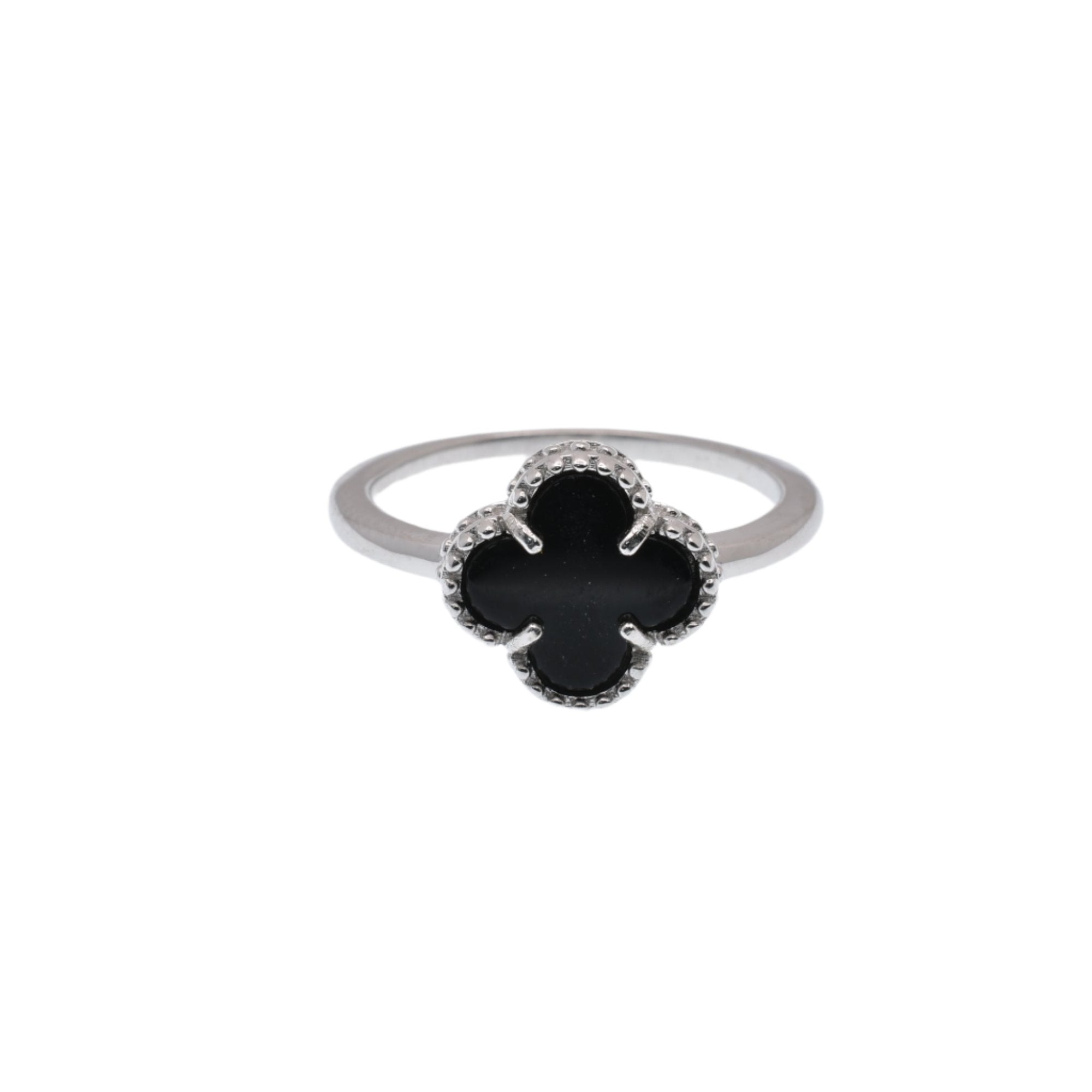 Rhodium Plated 925 Sterling Silver 10.1mm Four Leaf Clover Black Enamel Clear CZ Ring - BGR01376BLK