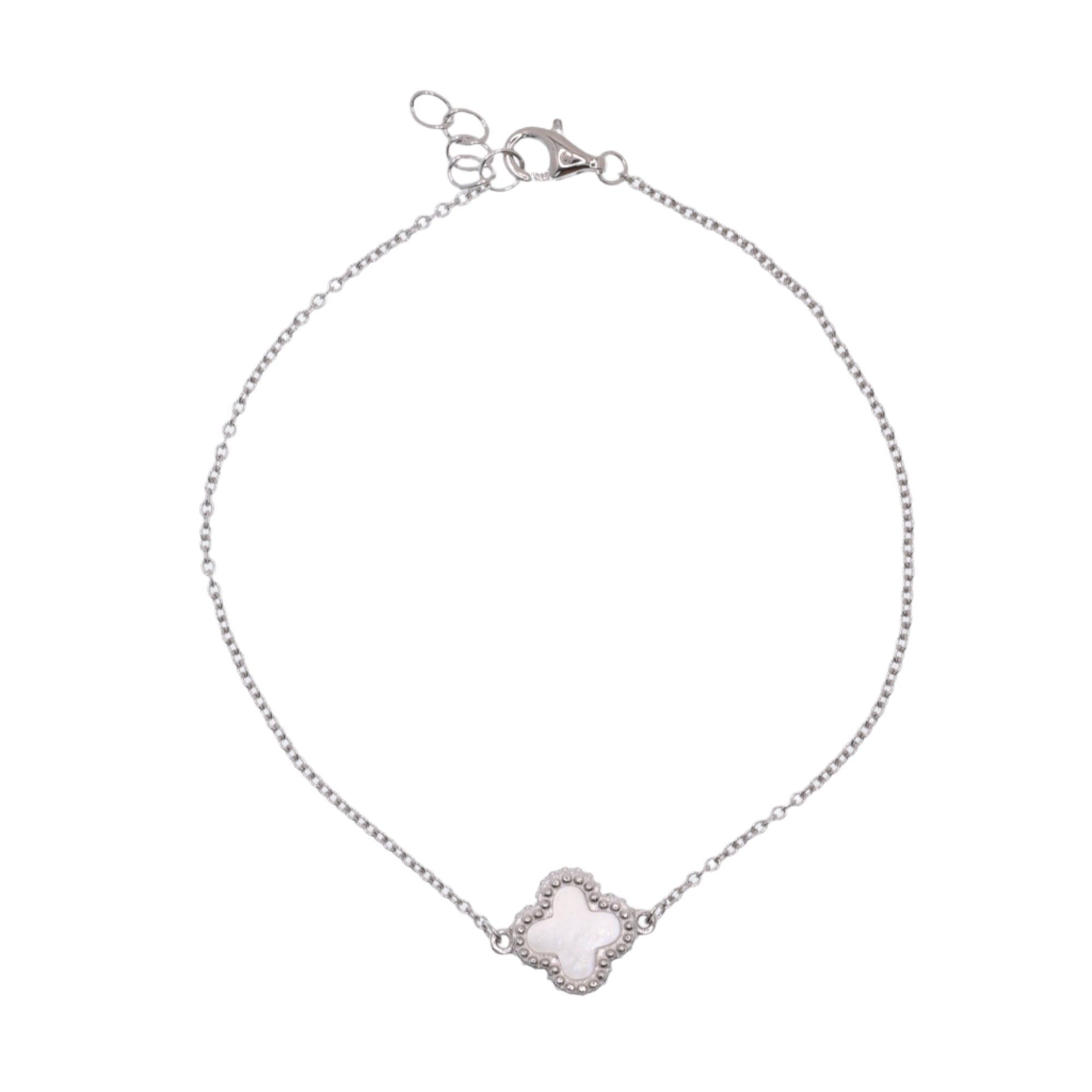 Rhodium Plated 925 Sterling Silver 10.3mm Synthetic Pearl Four Leaf Clover Adjustable Bracelet - BGB00392WHT-RHD