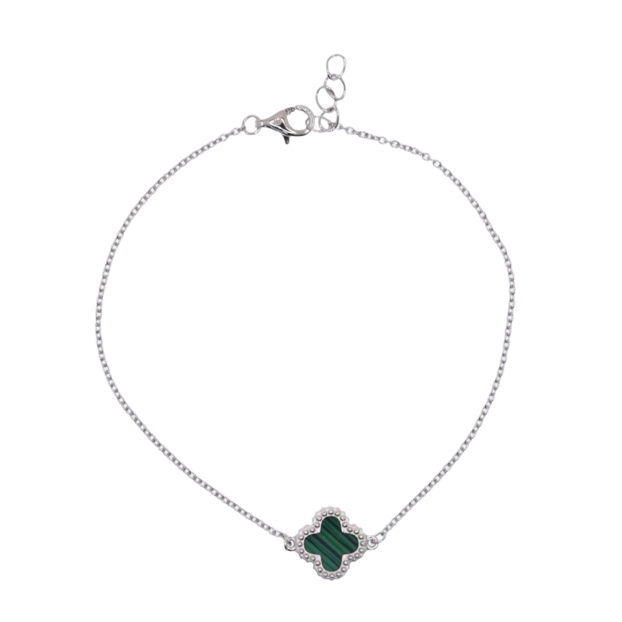 Rhodium Plated 925 Sterling Silver 10.3mm Green and Black Stripe Four Leaf Clover Adjustable Bracelet - BGB00392GRN-RHD
