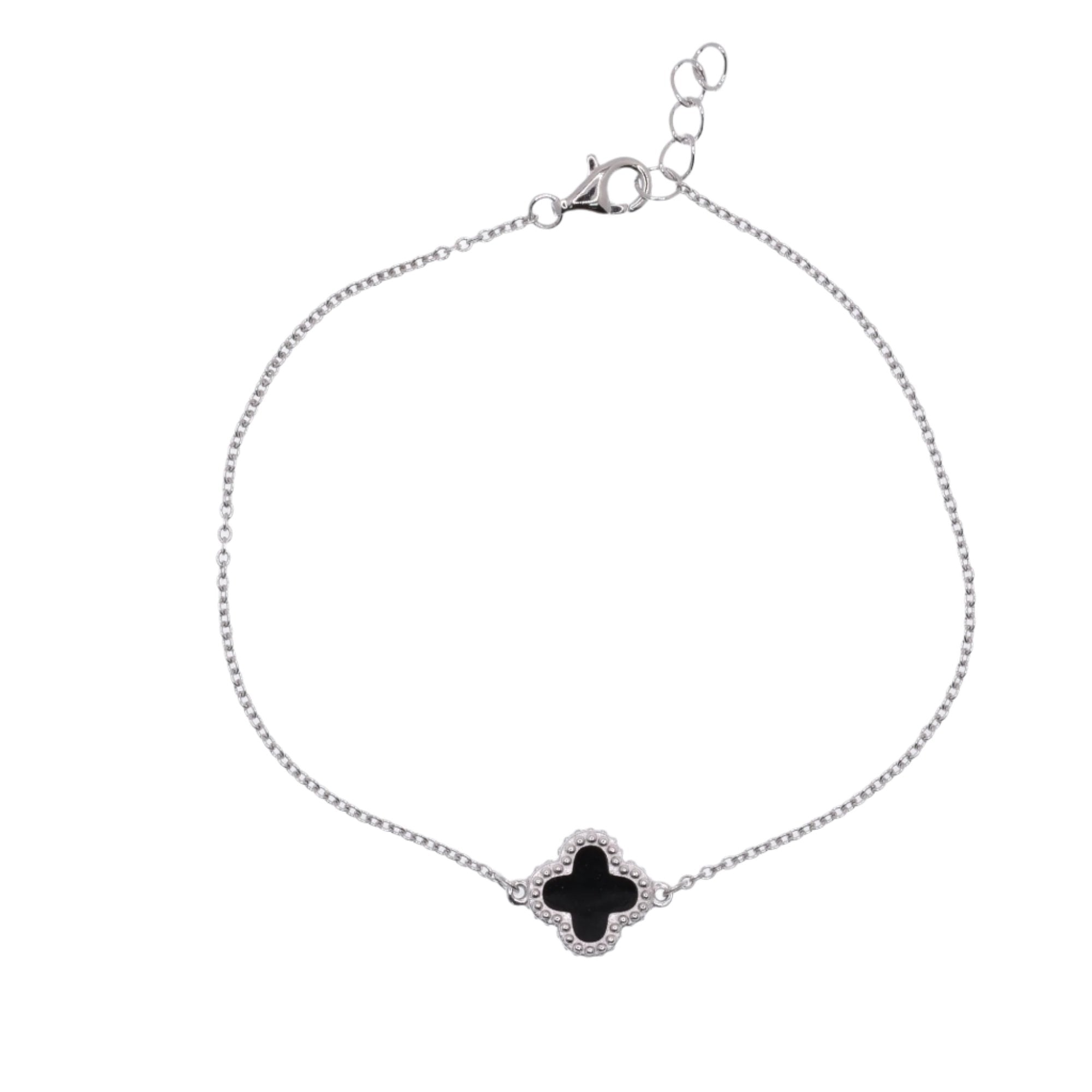 Rhodium Plated 925 Sterling Silver 10.3mm Black Enamel Four Leaf Clover Adjustable Bracelet - BGB00392BLK-RHD