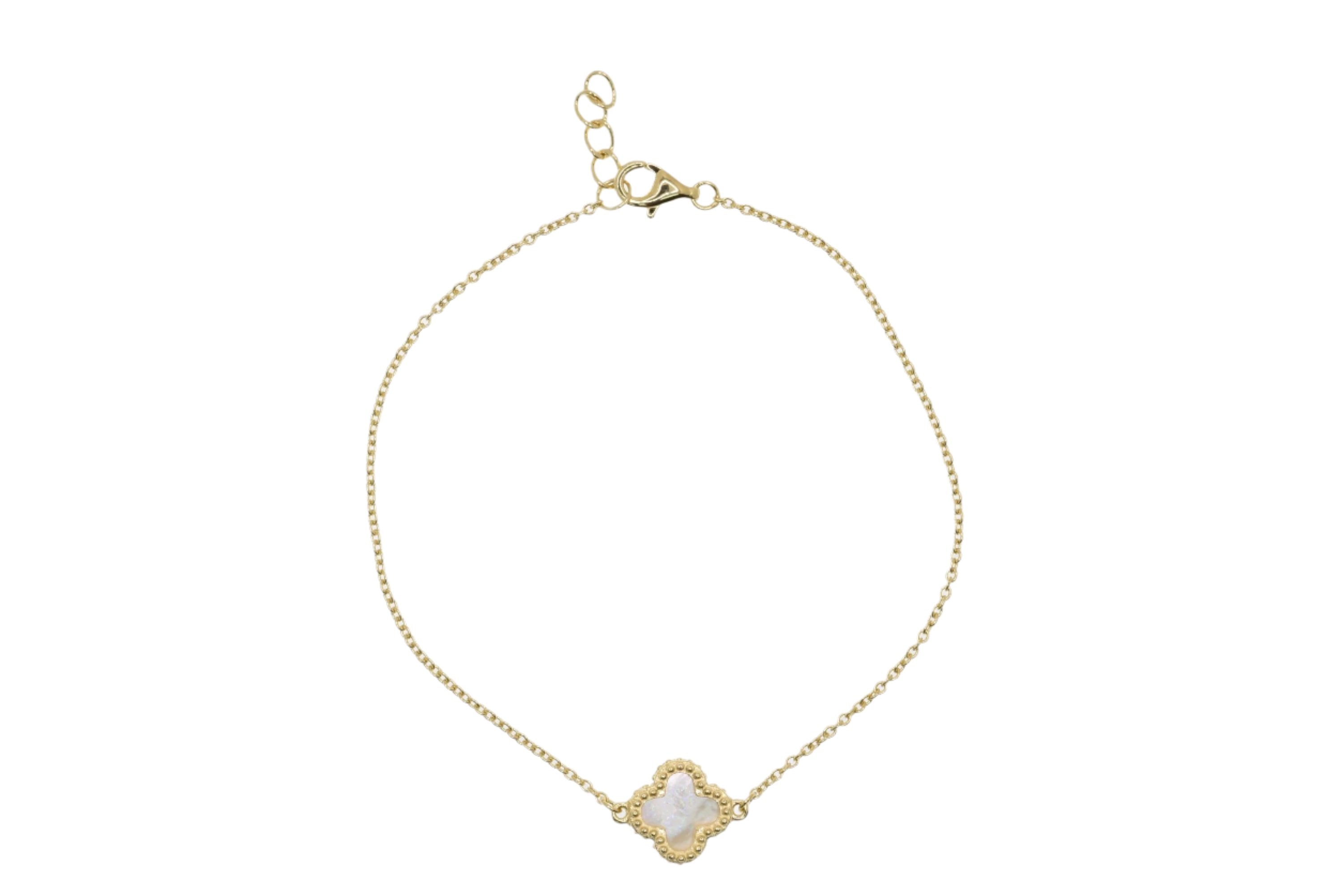Gold Plated 925 Sterling Silver 10.3mm Synthetic Pearl Four Leaf Clover Adjustable Bracelet - BGB00392WHT-GP