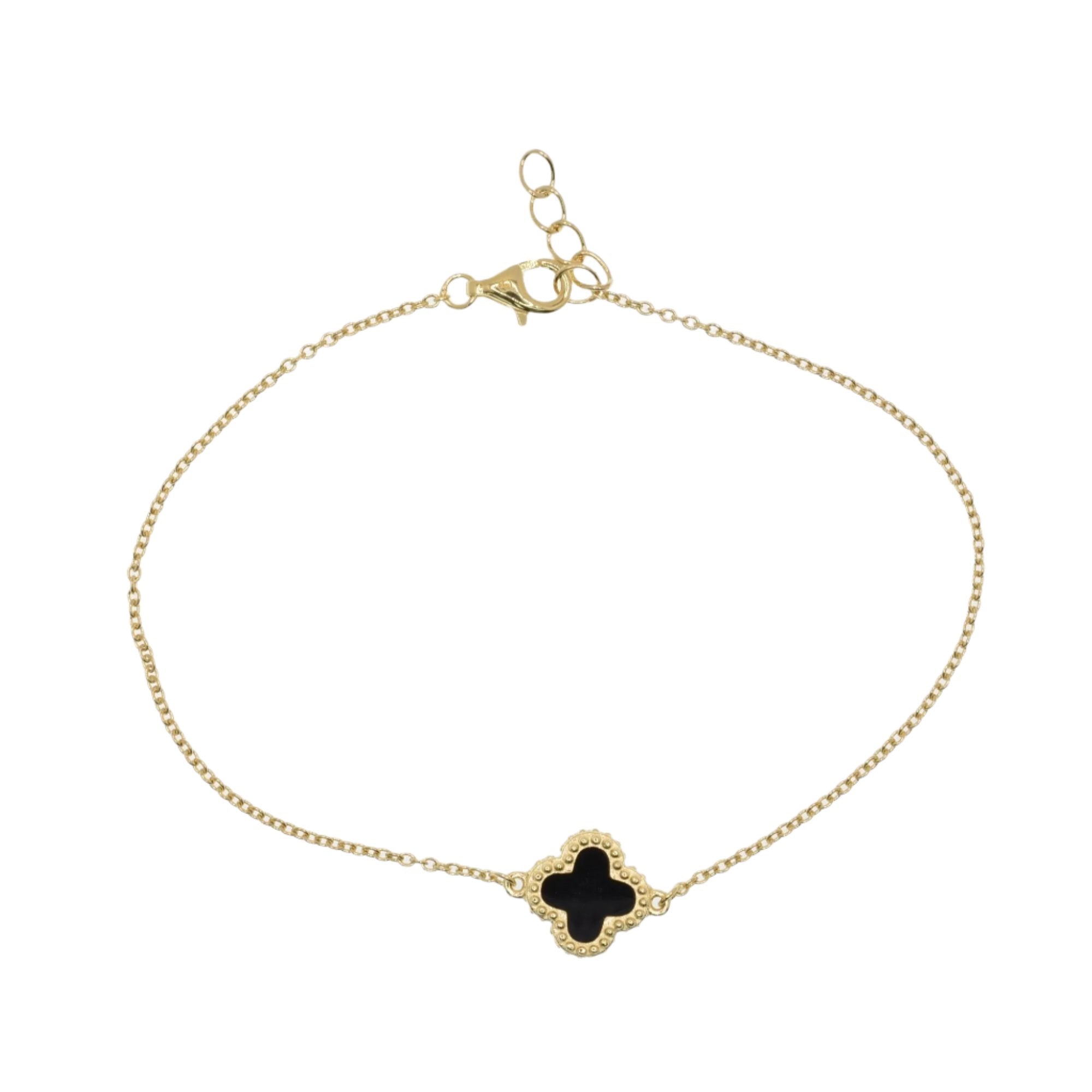 Gold Plated 925 Sterling Silver 10.3mm Black Enamel Four Leaf Clover Adjustable Bracelet - BGB00392BLK-GP
