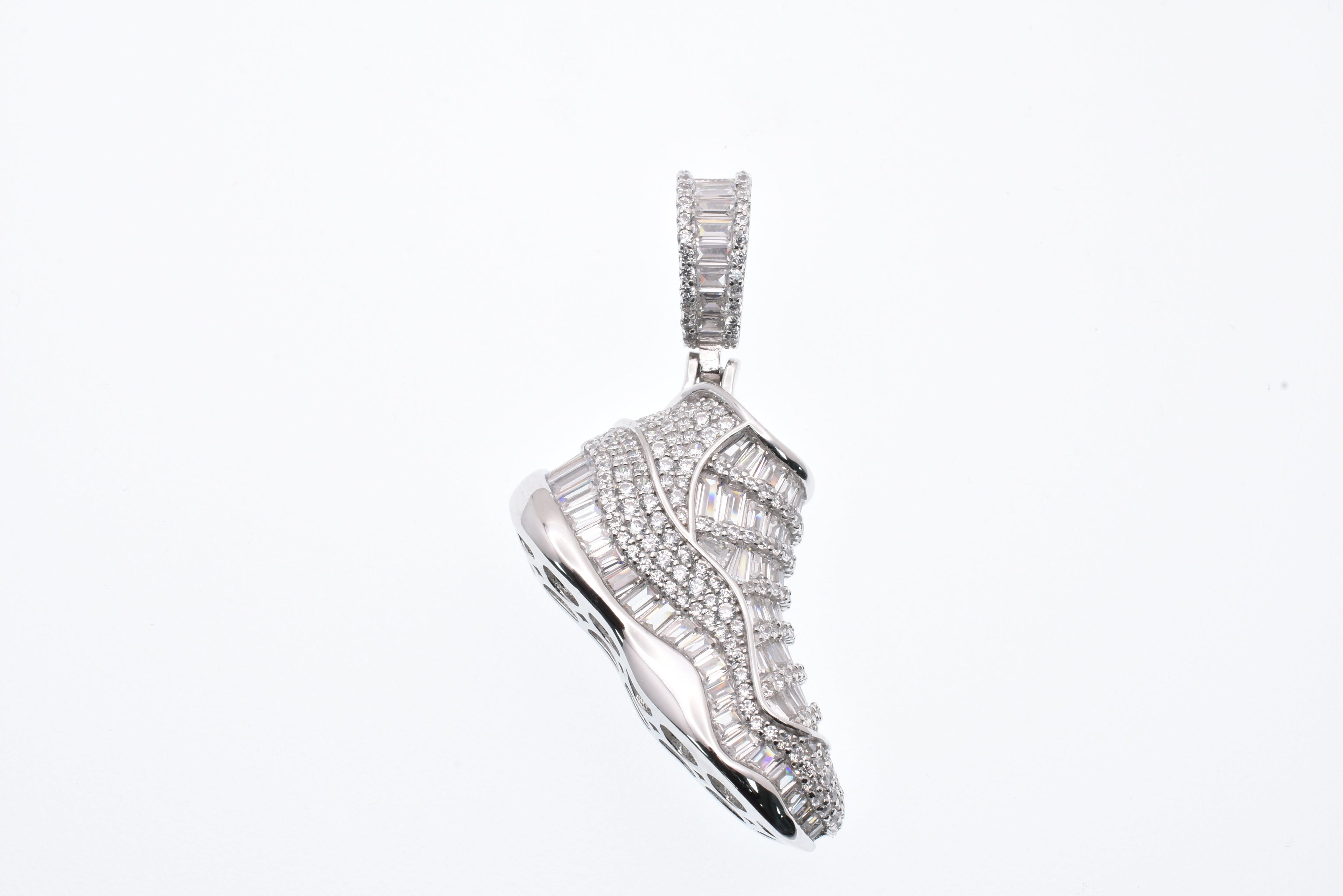 Rhodium Plated 925 Sterling Silver Basketball Shoes 11's Baguette and Round CZ 31mm x 19.2mm Pendant - SLP00450RH