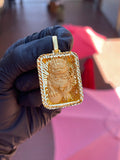 Solid gold Foo Dog pendant, satin guardian lion with brocade ball on a diamond-cut ray field inside a faceted border