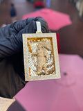 Solid gold Guan Gong rectangular pendant, the God of War recessed in a Greek key frame against a diamond-cut sunburst