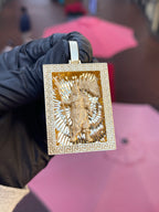 Solid gold Guan Gong rectangular pendant, the God of War recessed in a Greek key frame against a diamond-cut sunburst