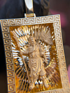 Guan Gong gold pendant detail, satin figure holding the guandao with banner pennants and dragon belly plate