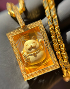 Solid gold Diamond-Cut Money Cat Rectangular Pendant with maneki-neko on a diamond-cut ray field inside a Greek key frame