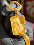 Solid gold Diamond-Cut Virgin Mary Rectangular Pendant, satin veiled Madonna on a diamond-cut ray field inside a faceted frame
