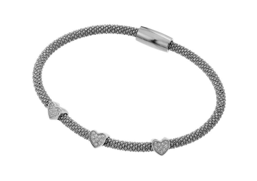 Silver 925 Black Rhodium Plated Three Heart Clear CZ Inlay Bracelet - ECB00027RH