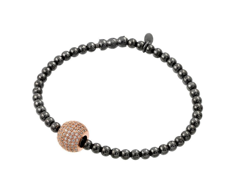 Silver 925 Black Rhodium and Rose Gold Plated Ball Multiple Clear CZ Inlay Bracelet - ECB00033BR