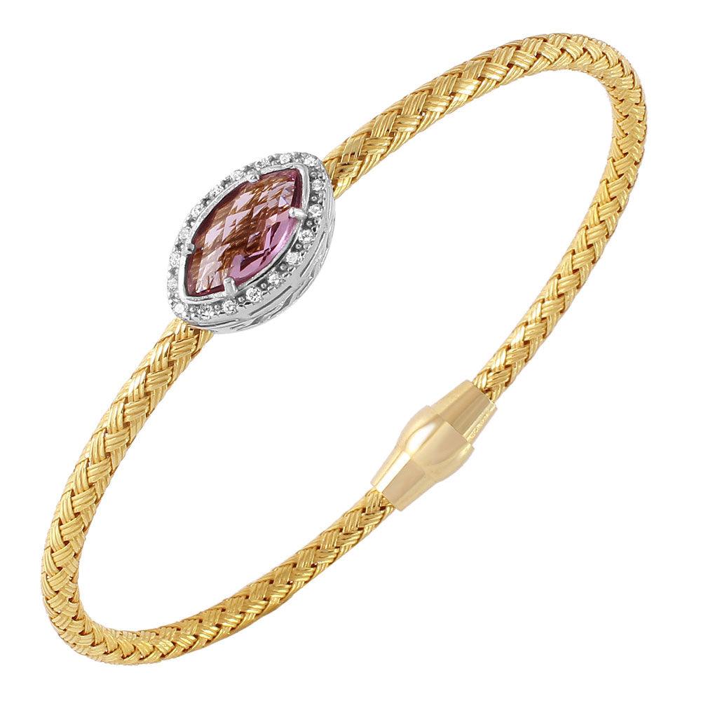 Silver 925 Gold Plated Twisted Purple CZ Stone Bangle Bracelet - ECB00039YA