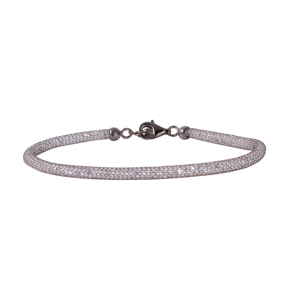 Silver 925 Black Rhodium Plated Mesh Embedded CZ Slim Italian Bracelet - ECB00046BL