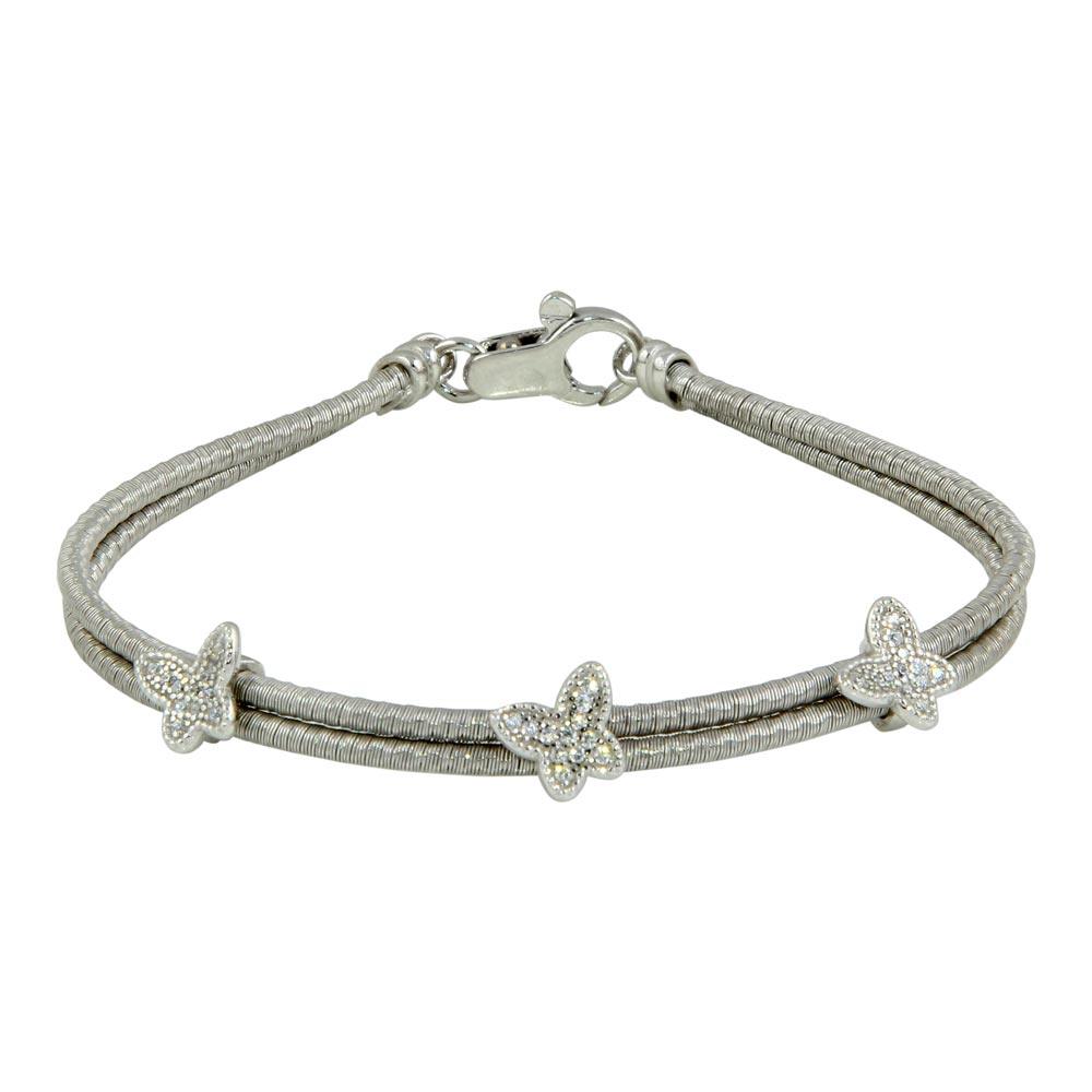 Rhodium Plated 925 Sterling Silver Double Strand Butterfly Bracelet - ECB00056RH
