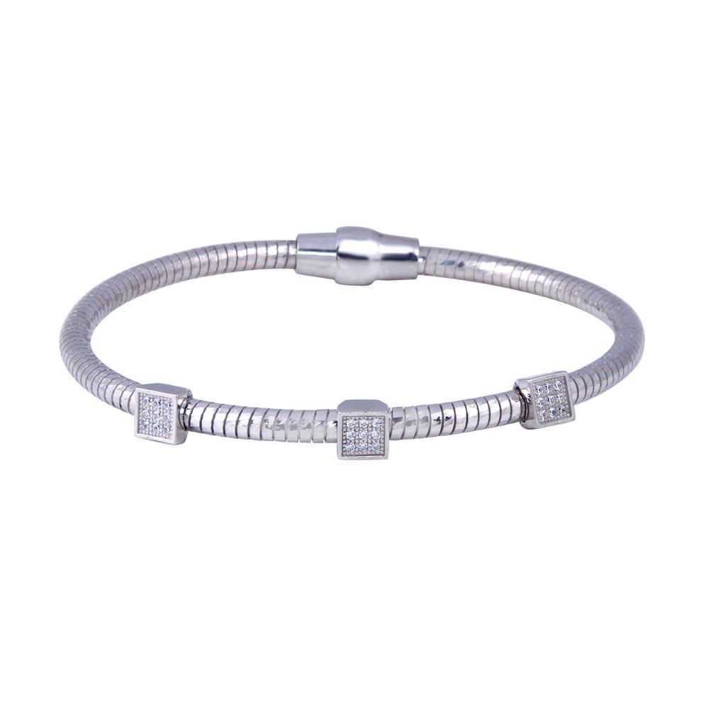 Rhodium Plated 925 Sterling Silver Square CZ Magnetic Lock Bracelet - ECB00066RH