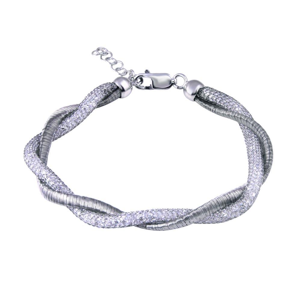 Rhodium Plated 925 Sterling Silver Italian Twisted Mesh Bracelet - ECB00069RH