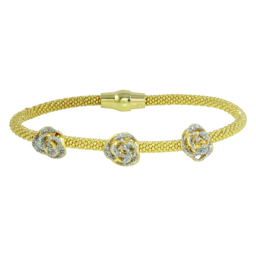 Gold Plated 925 Sterling Silver Magnetic Bracelet with 3 Roses - ECB00076Y