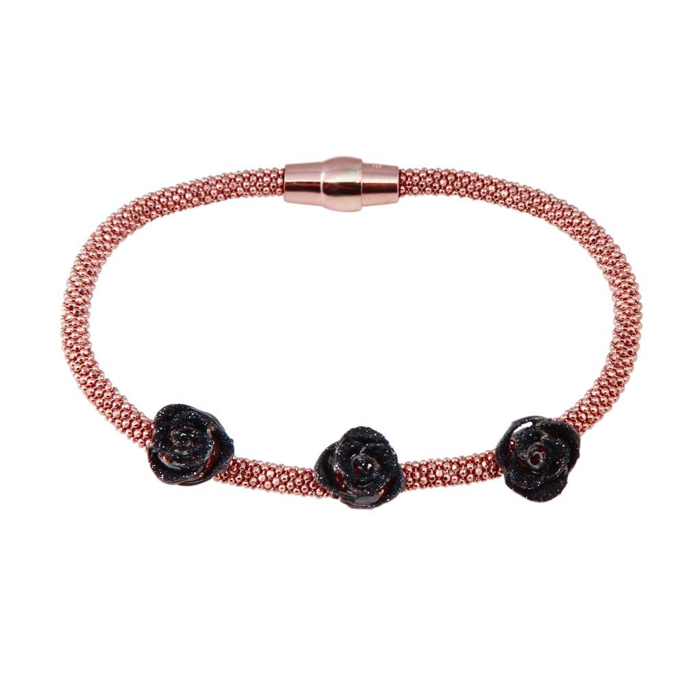 Rose Gold Plated 925 Sterling Silver Italian Black Flower Bracelet - ECB00076RB