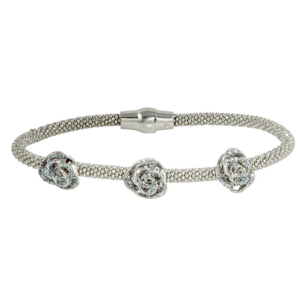 Rhodium Plated 925 Sterling Silver Magnetic Bracelet with 3 Roses - ECB00076RH