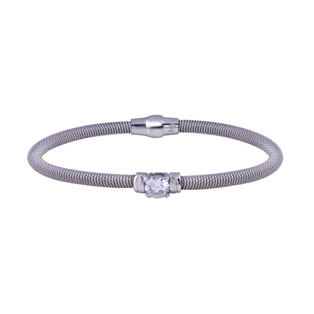 Rhodium Plated 925 Sterling Silver Round CZ Magnetic Lock Bracelet - ECB00082RH