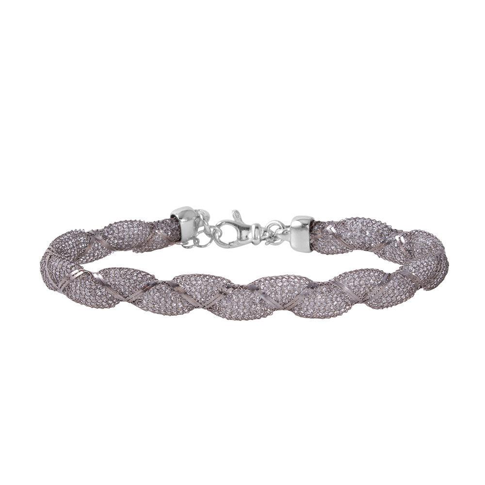 Silver 925 Black Rhodium Plated Mesh and Wrapped Embedded CZ Italian Bracelet ECB00092BL