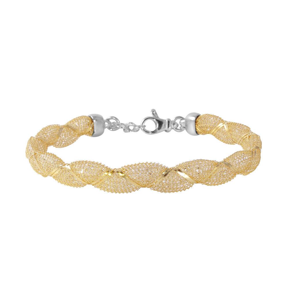 Silver 925 Gold Plated Mesh and Wrapped Embedded CZ Italian Bracelet - ECB00092Y