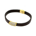Silver 925 Gold Plated Clear Micro Pave CZ Black Leather Bracelet - ECB004GP