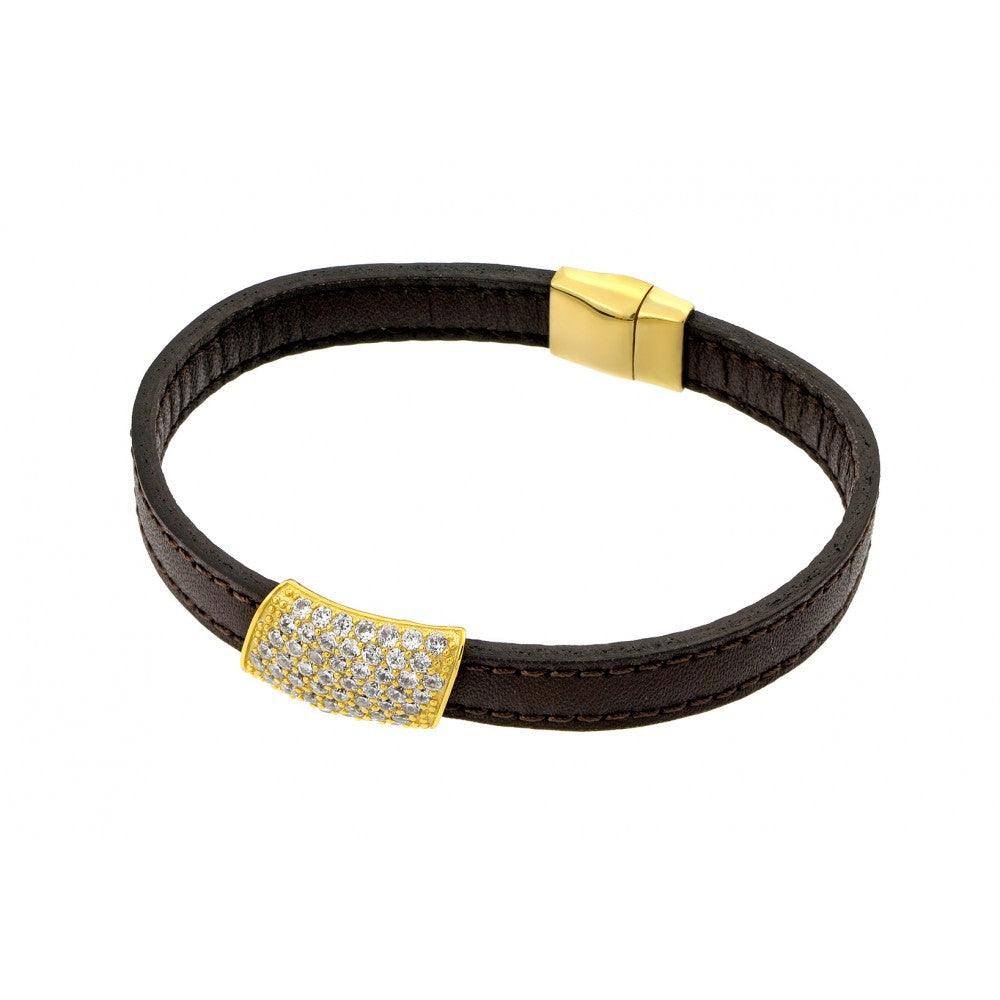 Silver 925 Gold Plated Clear Micro Pave CZ Black Leather Bracelet - ECB004GP