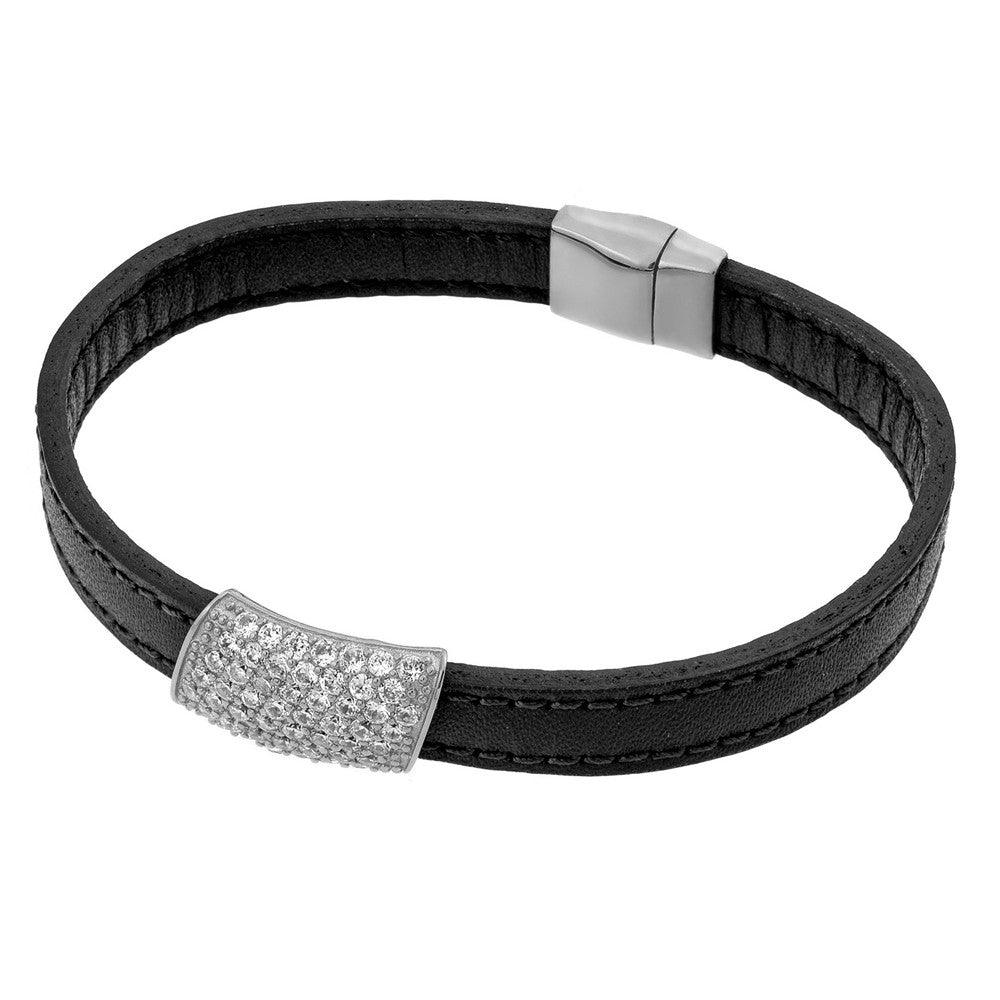Silver 925 Rhodium Plated Clear Micro Pave CZ Black Leather Bracelet - ECB004RH