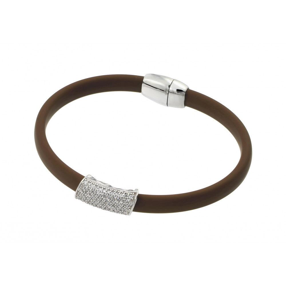 Silver 925 Rhodium Plated Clear Micro Pave CZ Brown Rubber Bracelet - ECB013RH