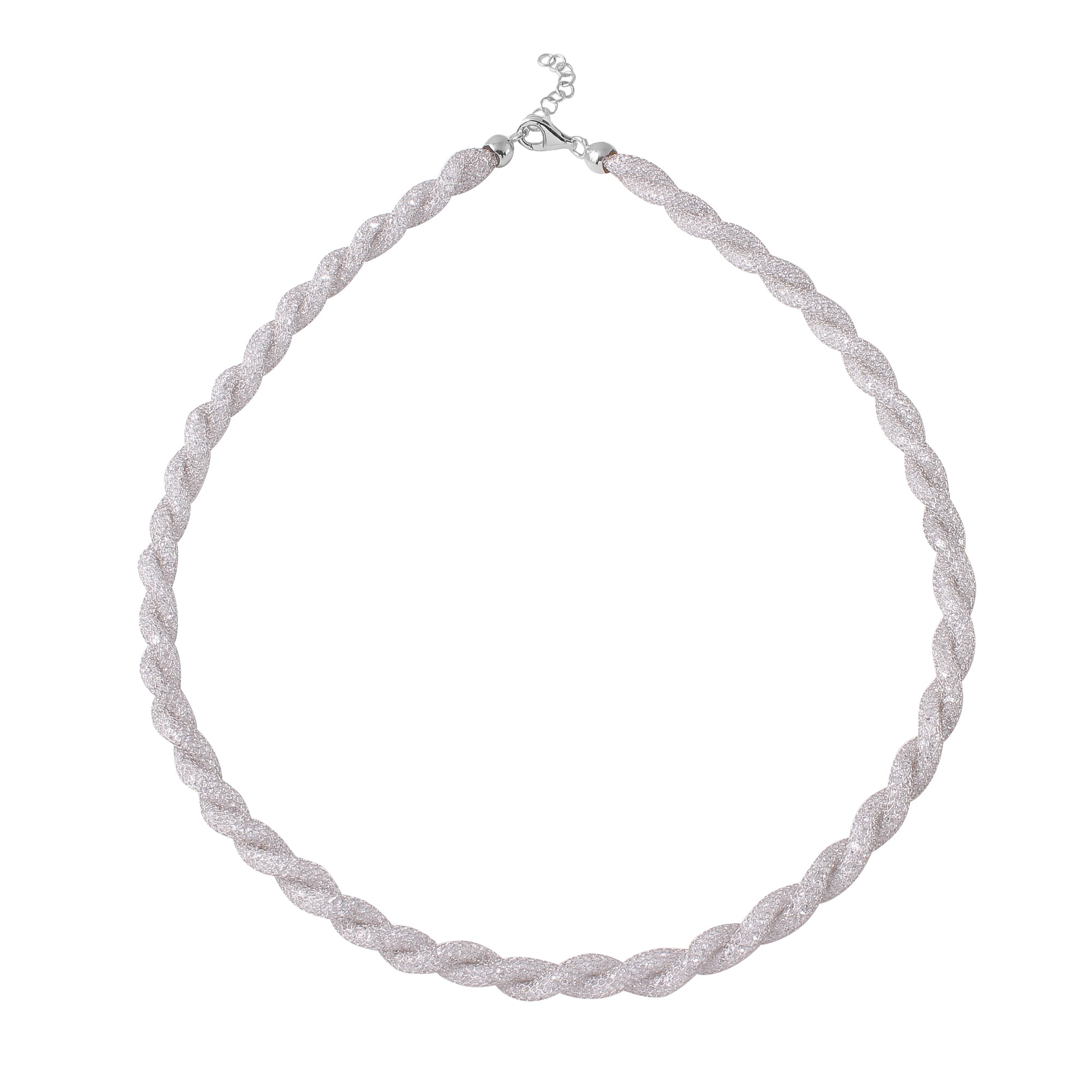 Rhodium Plated 925 Sterling Silver Rope Mesh Inlay Swarovski Crystals Necklace - ECN00013RH