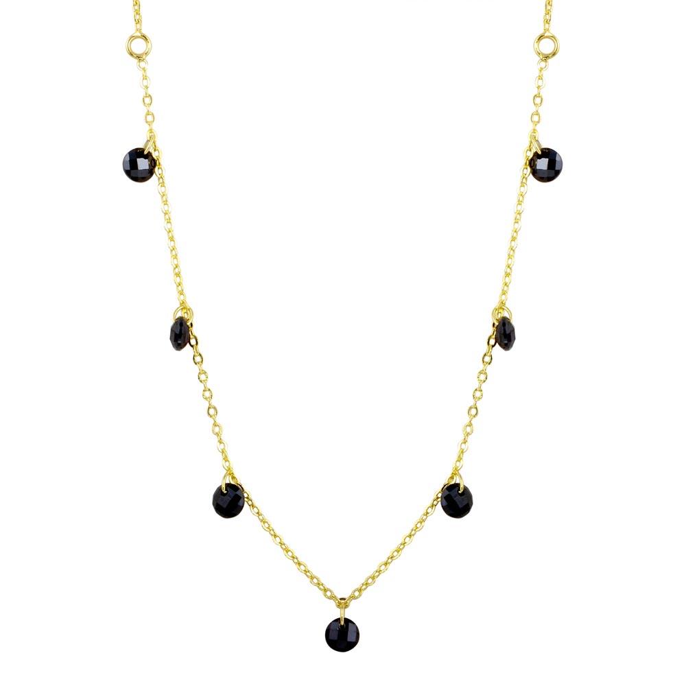 Gold Plated 925 Sterling Silver Dangling Black CZ Chain Necklace - ECN00050GP