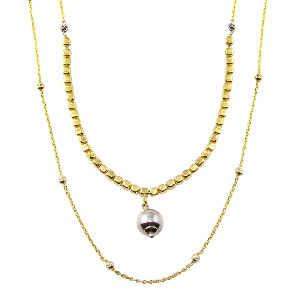 Gold Plated 925 Sterling Silver Multi Chain Cube and Bead Necklace - ECN00059GP