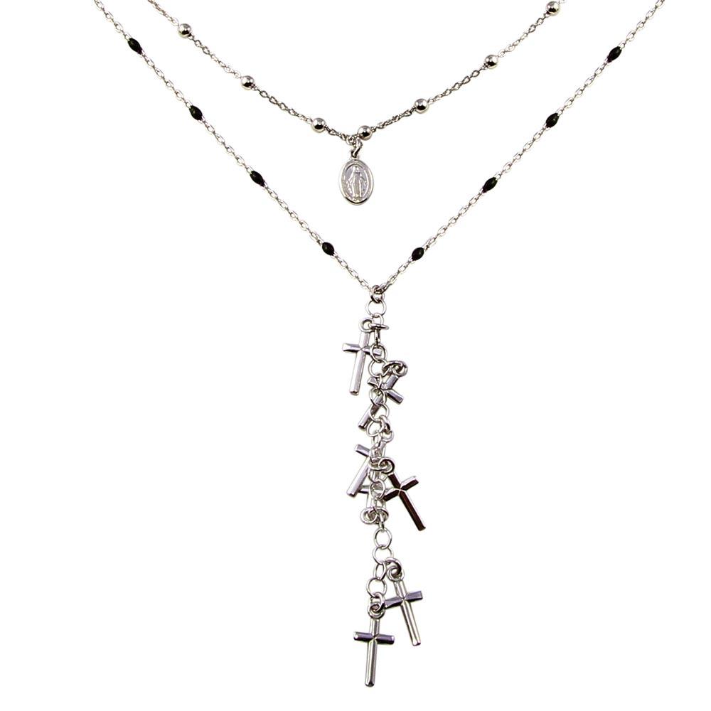 Rhodium Plated 925 Sterling Silver Dangling Crosses Enamel Bead Necklace - ECN00061RH