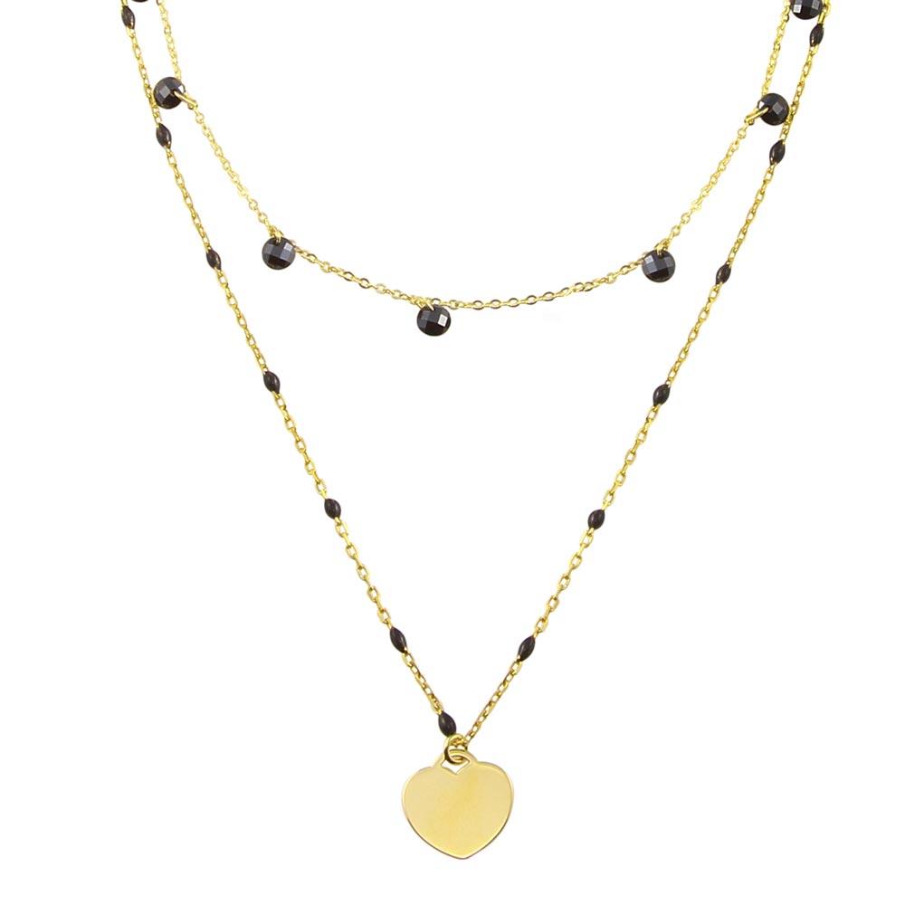 Gold Plated 925 Sterling Silver Multi Chain Black CZ Enamel Beaded Heart Necklace - ECN00063GP