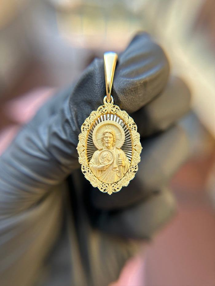 Diamond-Cut Saint Jude with Filigree Border Pendant in solid 10K-24K gold