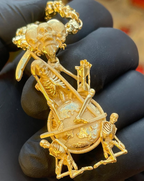 Gold memento mori pendant, Father Time with scythe and hourglass over a carved globe