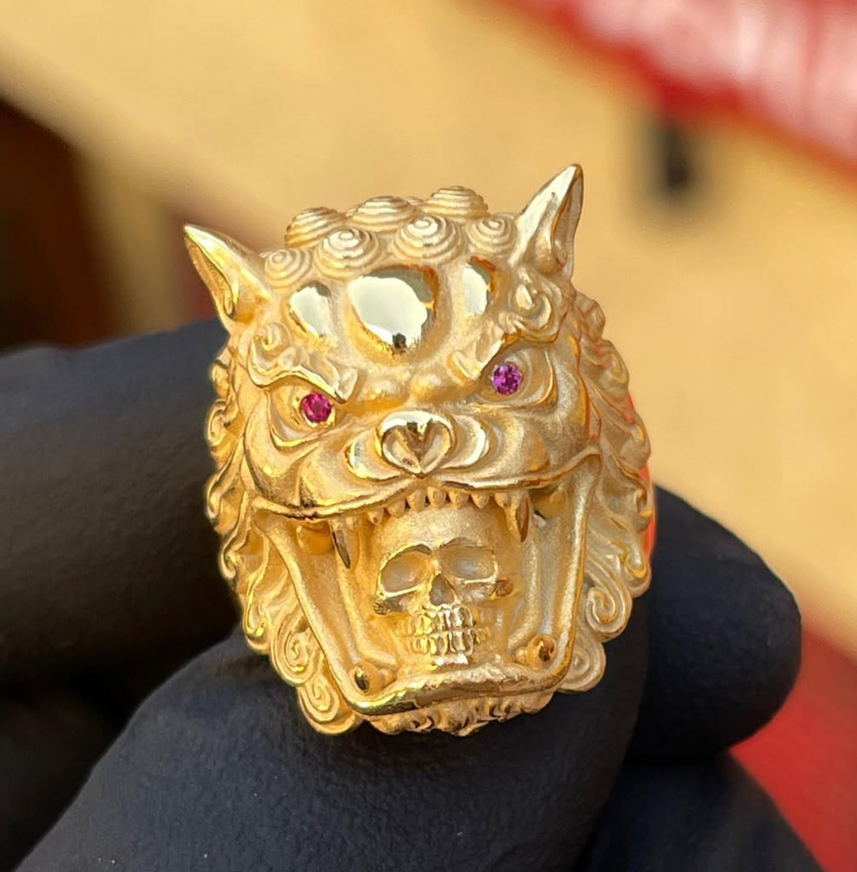 Foo Dog & Skull Ring in solid 10K-24K gold
